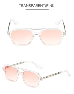 Detail of transparent square sunglasses with pink gradient lenses and double bridge frame