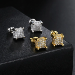 Hip Hop Square Stud Earrings Copper With Cubic Zirconia And Silver Earring Post Iced Out Punk Streetwear Jewelry For Men