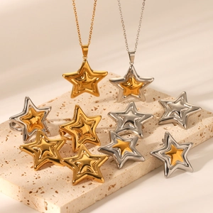 Stainless Steel 3D Star Pendant Necklace Geometric Gold Silver Two Tone Ring Earrings Fashion Jewelry For Women