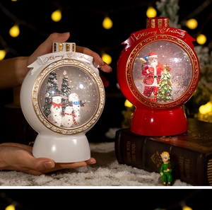 Detail of red and white Christmas snow globes with Santa and snowman scenes