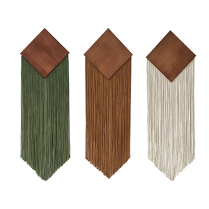 Three-piece bohemian wall hanging set with cotton tassels and diamond wooden boards