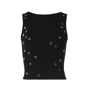 Women's black rib-knit cropped tank top featuring elegant teardrop rhinestone embellishments