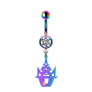 Macro shot of colorful castle pendant navel ring with cubic zirconia on white background
