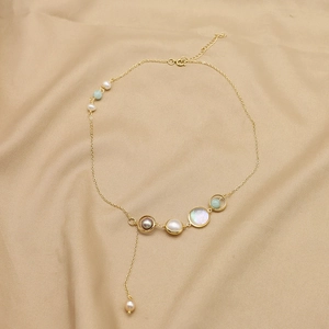 Elegant natural freshwater pearl necklace with crystal asymmetric pendant on gold chain