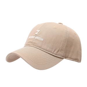 Khaki baseball cap with Mount Green 7 embroidery on a clean white background