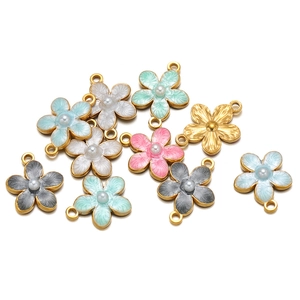 Flower Pendants Charms Stainless Steel Gold Plated Enamel Floral With Faux Artificial Pearl DIY Jewelry Making Accessory For Necklace