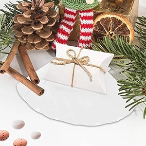 White pillow favor box with jute twine shown in assembled and flat layout states