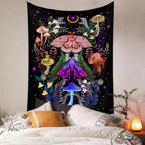 Detail of moth and moon tapestry showing mushroom illustrations on a bedroom wall