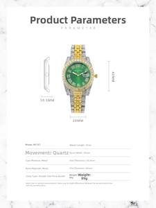 Detailed size chart for the green dial quartz watch with crystal accents and dimensions