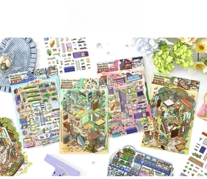 Detailed 2.5D miniature interior scene stickers with creative dollhouse room designs