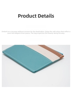 Detail of RFID slim wallet featuring blue and beige cross-grain leather with white stitching