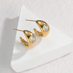 18k gold plated stainless steel C-shaped earrings with square zircon stone inlay