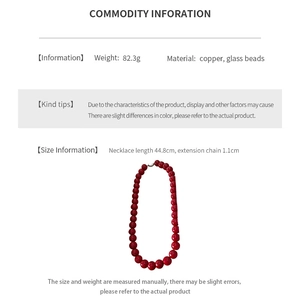 Detailed specification sheet for the red glass bead necklace made of copper and glass