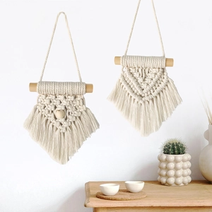 Bohemian handmade cotton rope wall tapestry set with wooden rings and fringe decor