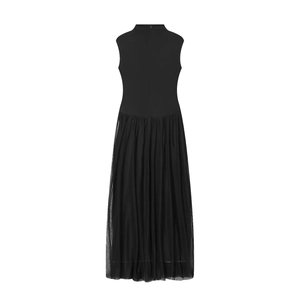 Elegant black sleeveless maxi dress with mesh拼接 pleated skirt and zip back detail