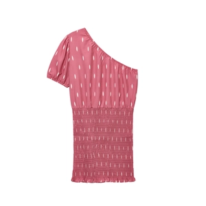 Robe courte rose à une épaule avec imprimé blanc et taille élastiquée froncée