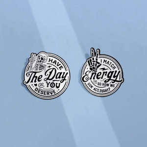 Punk skeleton enamel pins set with humorous quotes on a light blue background