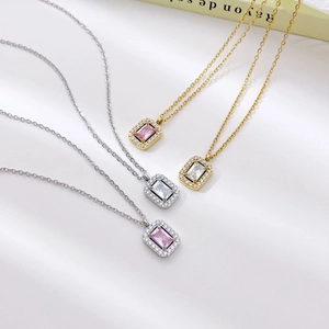 Rectangle Zircon Pendant Necklace Stainless Steel Emerald Cut Halo Clavicle Chain Minimalist Jewelry For Women