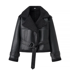 Women's black faux leather aviator jacket with shearling lining and belt on white background