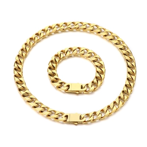 Polished golden 13mm Cuban link chain necklace and bracelet set with box clasp