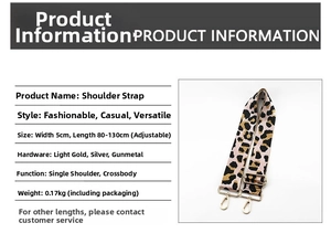 Detail showing 5cm wide leopard print shoulder strap with adjustable 80-130cm length