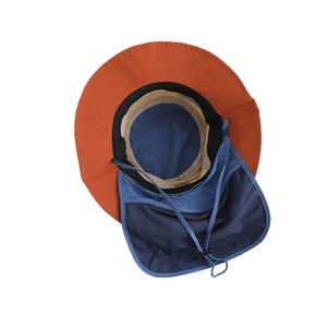 Outdoor sun hat with orange brim and blue mesh neck protection for fishing and hiking