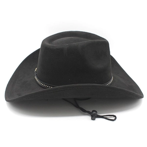Detail of black suede cowboy hat with adjustable chin strap and metallic studded band