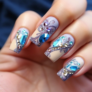 Macro shot of 3D crystal nail art with luxury purple, nude, and blue gemstone rhinestones