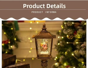 Detail of vintage bronze Christmas lantern with Santa scene and glitter snow effect