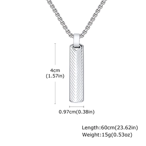 Detail of silver bar necklace showing exact dimensions 4x0.97cm and 15g weight specs