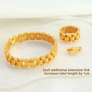 Gold plated titanium chain bracelet and ring set with adjustable 1cm extension links
