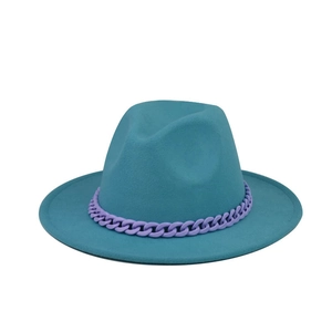Close-up of a teal felt fedora hat featuring a chunky light purple chain band detail
