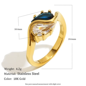 18K gold plated stainless steel ring with blue and white teardrop cubic zirconia