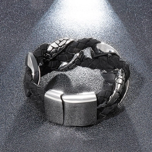 Men's wide woven black leather bracelet with silver stainless steel magnetic clasp