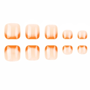Glänzende künstliche Fußnägel im orangefarbenen Ombre-Stil auf weißem Hintergrund
