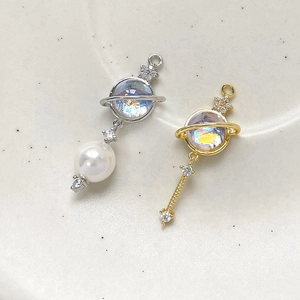 14k gold-filled cat-eye planet charms with zircons and pearls for DIY jewelry making