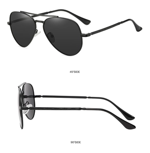 Black metal aviator sunglasses shown from 45 and 90 degree side angles on white background