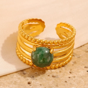 Detail of multi-layered 18K gold-plated ring featuring a round green gemstone inlay