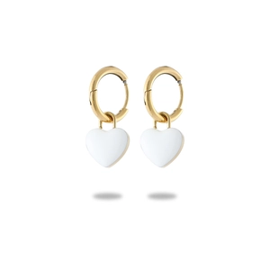 Golden hoop earrings with white enamel heart charms on a clean white background