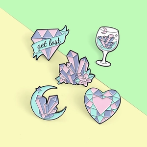 5-piece set of macaron enamel pins featuring heart, diamond, moon, and wine glass shapes