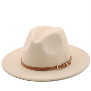 Classic cream wide brim fedora hat with brown leather belt buckle for men and women
