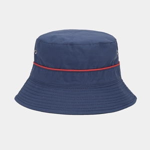 Close-up of waterproof dark blue sun hat with red trim and metal ventilation eyelets