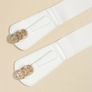 Close-up of white elastic waist belts featuring embossed gold metal buckles and PU leather detail