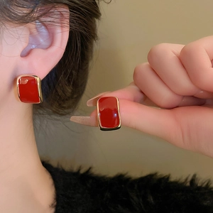 Retro geometric square stud earrings with red enamel and gold metallic trim