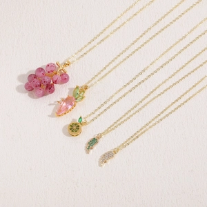 Set of 5 minimalist gold-plated necklaces with colorful resin fruit and vegetable pendants