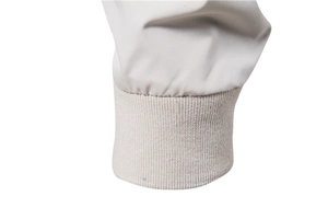 Close-up of elastic ribbed cuffs on a minimalist light gray casual jacket for men