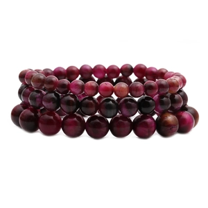 Three-piece set of rose red tiger eye beaded bracelets with high luster cat-eye effect