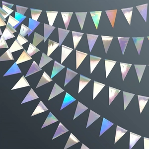 Iridescent triangle bunting banners layered for festive party and home background decoration