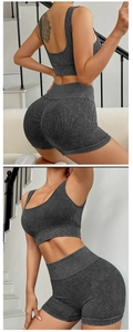 Detail view of ribbed charcoal grey workout set with racerback top and high waist shorts