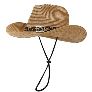 Summer leopard print buckle straw beach hat for women with adjustable chin strap